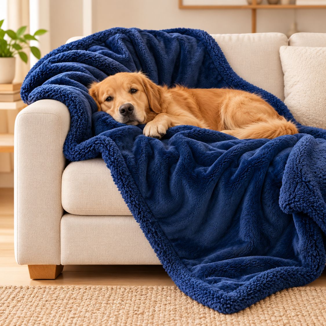 couverture en velours bleu petrole pour chien avec chien