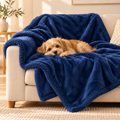 couverture en velours bleu petrole pour chien dans salon