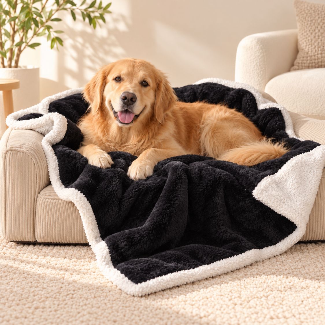 couverture epaisse pour chien noire sur canape avec grand chien