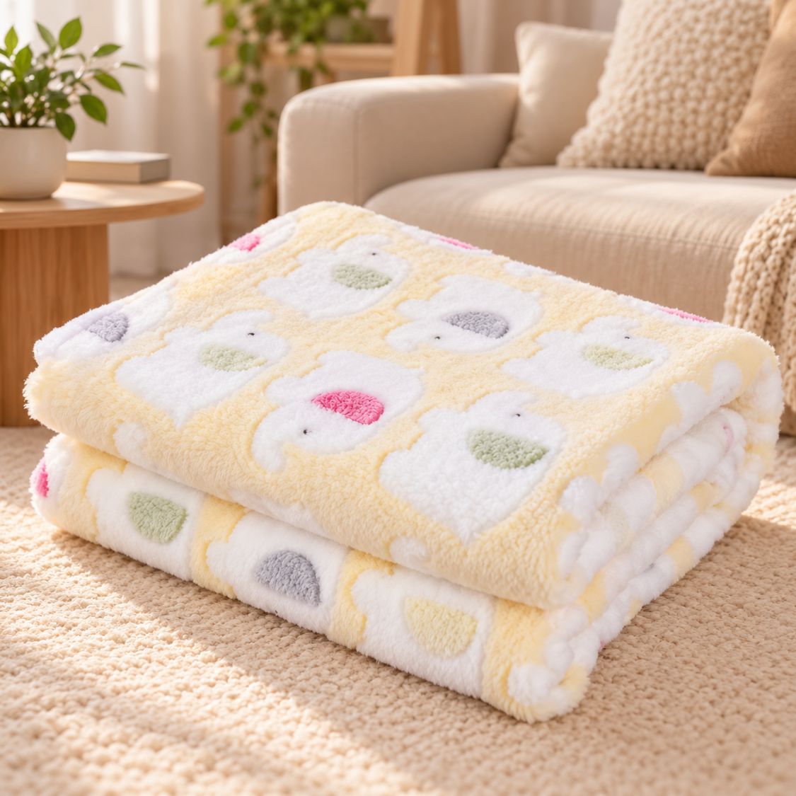 couverture fluffy chien beige motif elephant pliee