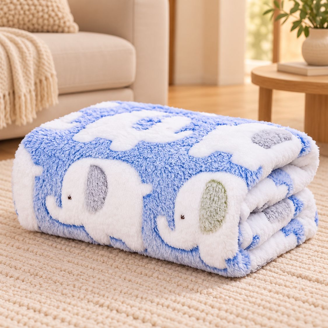 couverture fluffy chien bleue motif elephant pliee