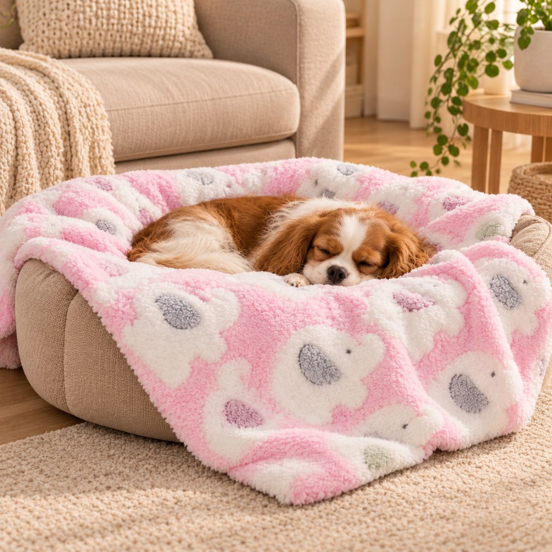 couverture fluffy chien rose chien blotti panier