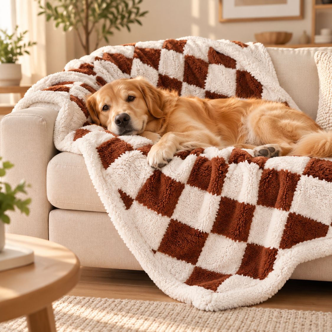 couverture polaire de luxe pour chien damier marron avec chien
