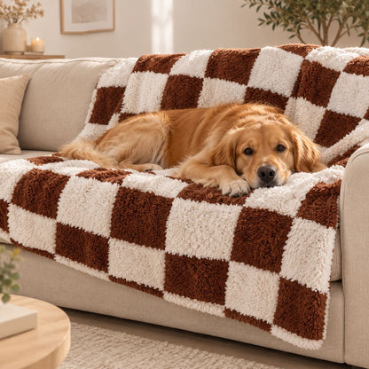 couverture polaire de luxe pour chien damier marron sur canape