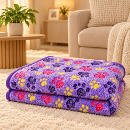 couverture pour chiot violette pliee motif pattes