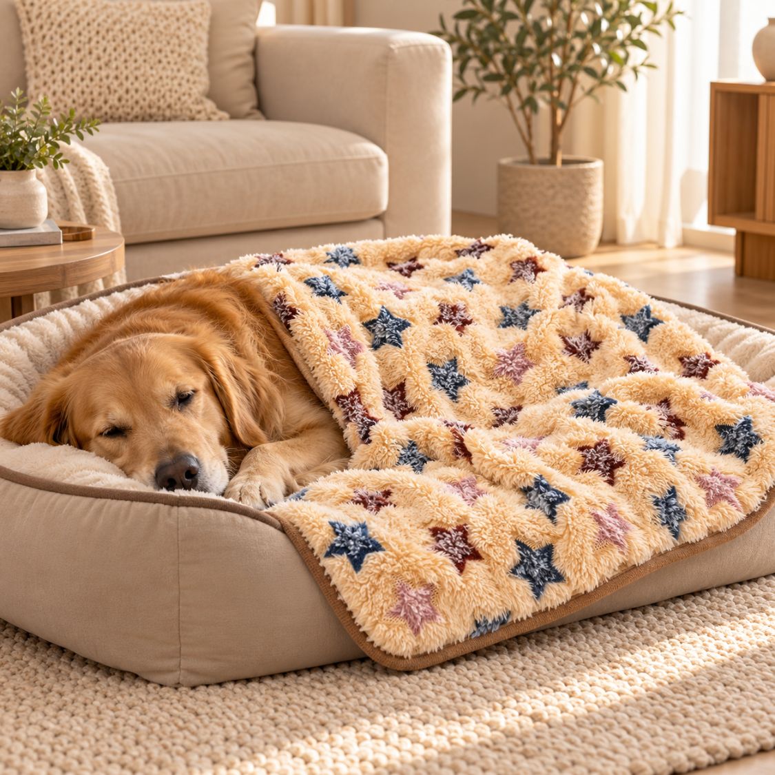 couverture pour grand chien beige motif etoiles dans panier