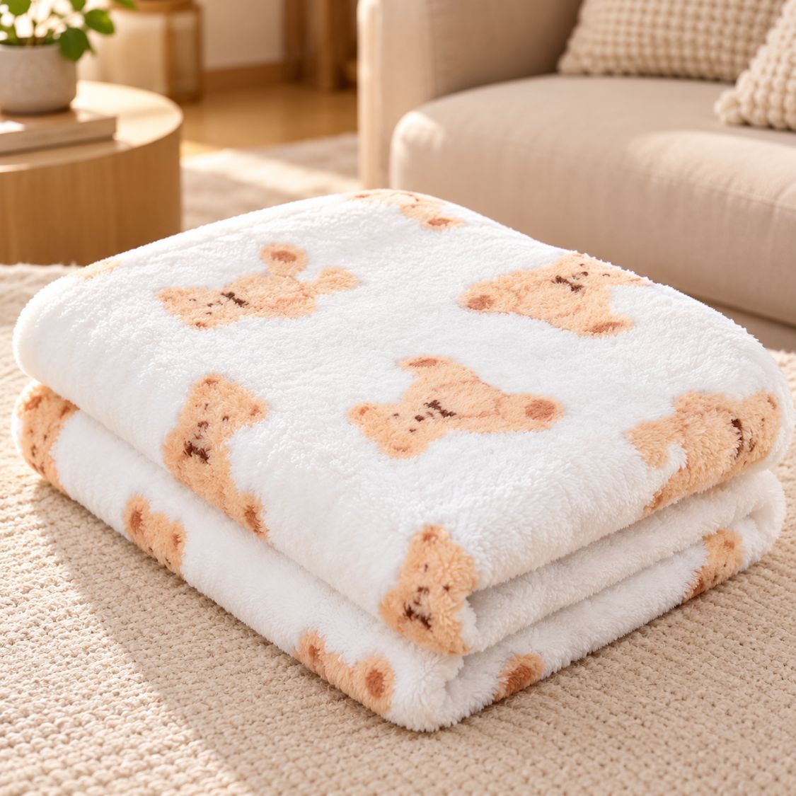 couverture pour grand chien blanche motif ours pliee