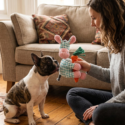 doudou chien ane bleu avec carotte pendant une seance de jeu