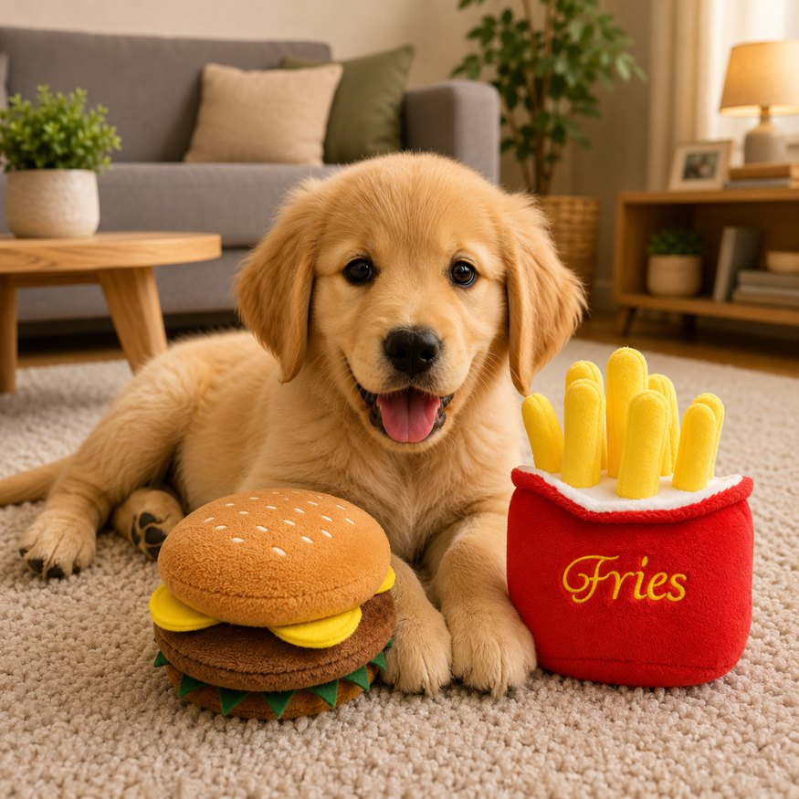 doudou chien burger en peluche avec chiot dans un salon