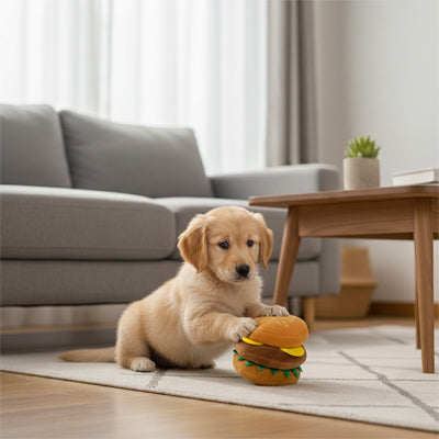 doudou chien burger en peluche avec golden retriever