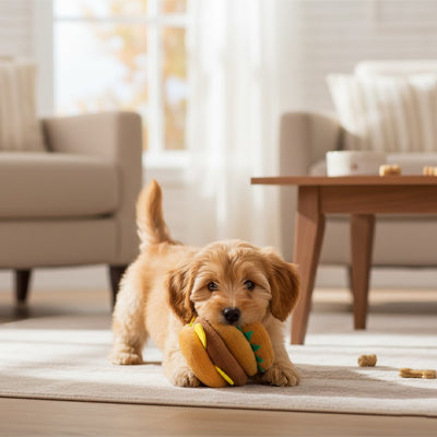 doudou chien burger en peluche avec petit chiot dans un salon