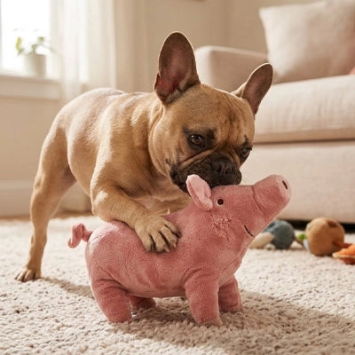 Doudou chien cochon tendre bouledogue français jouant avec la peluche