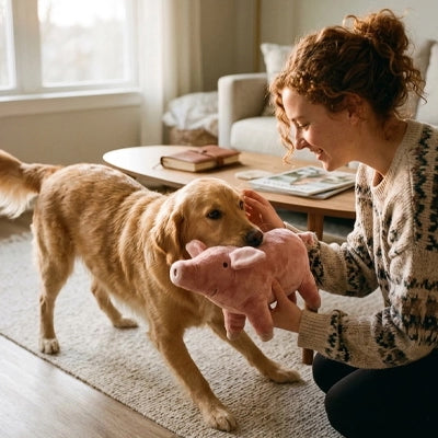 Doudou chien cochon tendre jeu de complicité avec son humaine
