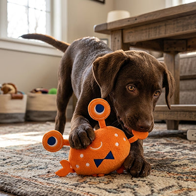 doudou chien crabe en peluche avec chien