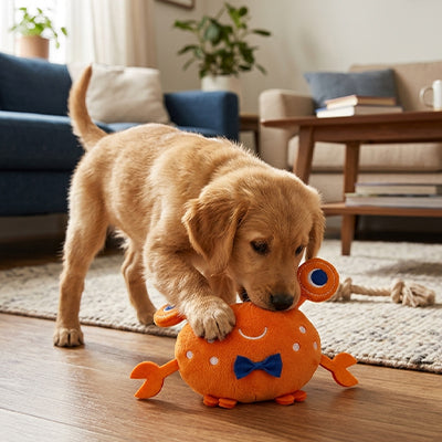 doudou chien crabe en peluche avec chiot golden retriever