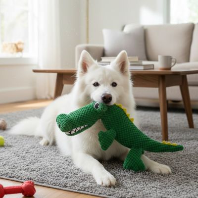 doudou chien crocodile geant samoyede dans un salon