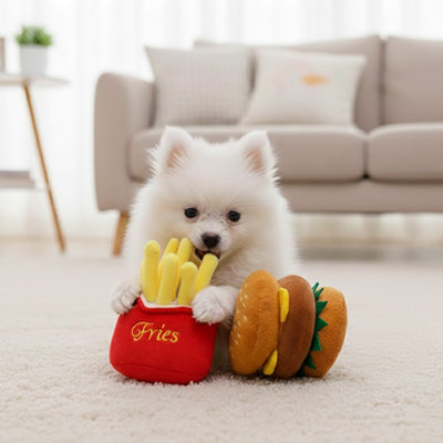 doudou chien duo burger et frites avec spitz nain