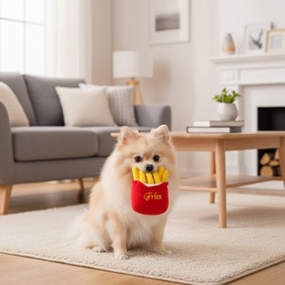 doudou chien frites en peluche avec spitz nain