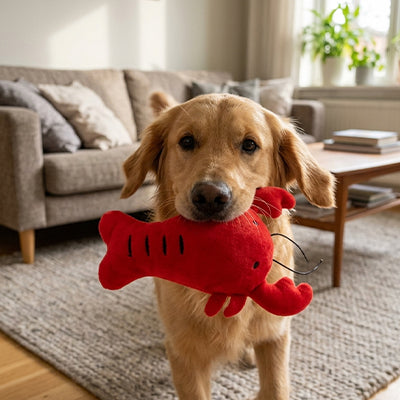 doudou chien homard en peluche avec golden retriever