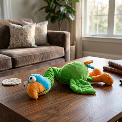 doudou chien oiseau en peluche sur une table de salon