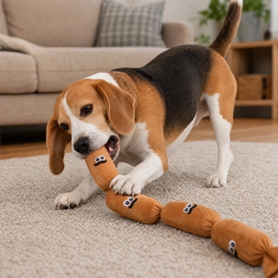 doudou chien saucisse géante beagle mordillant le jouet