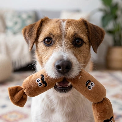doudou chien saucisse géante jack russell portant le jouet
