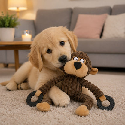 doudou chien singe en peluche avec chiot golden retriever
