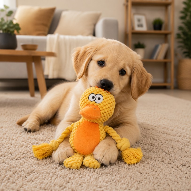 doudou pour chien canard jaune peluche douce panier chiot