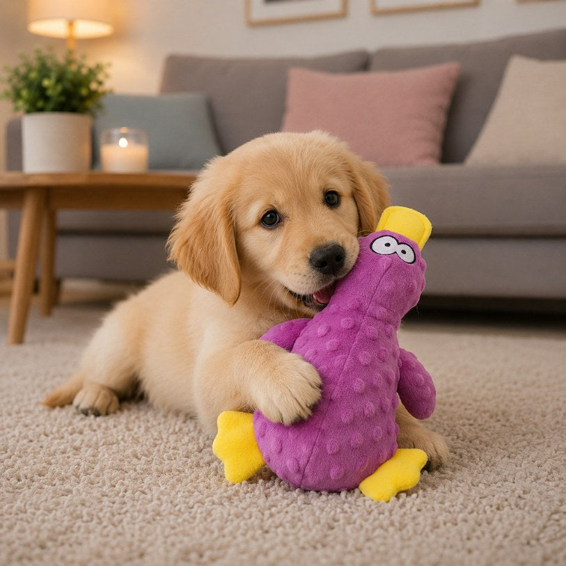doudou pour chien canard sensoriel violet compagnon chiot