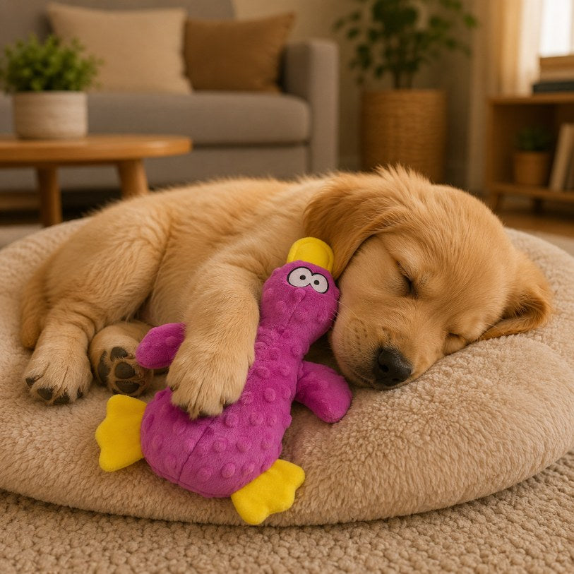 doudou pour chien canard violet repos panier chiot
