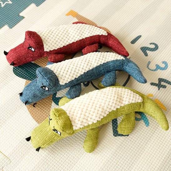 doudou pour chien crocodile couineur vert bleu rouge velours