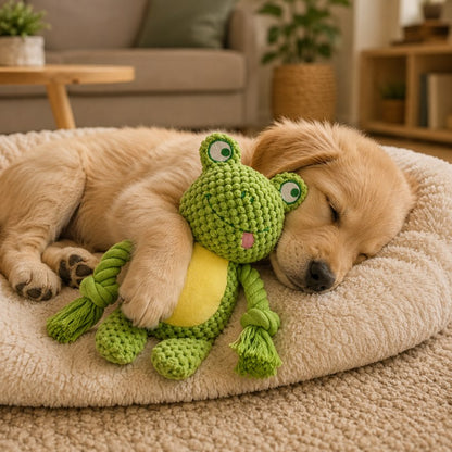 doudou pour chien grenouille verte peluche réconfort panier