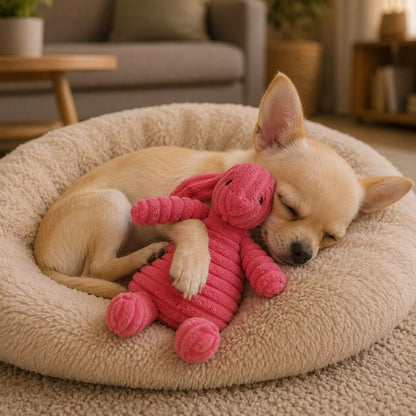doudou pour chien lapin rose velours côtelé chiot endormi panier