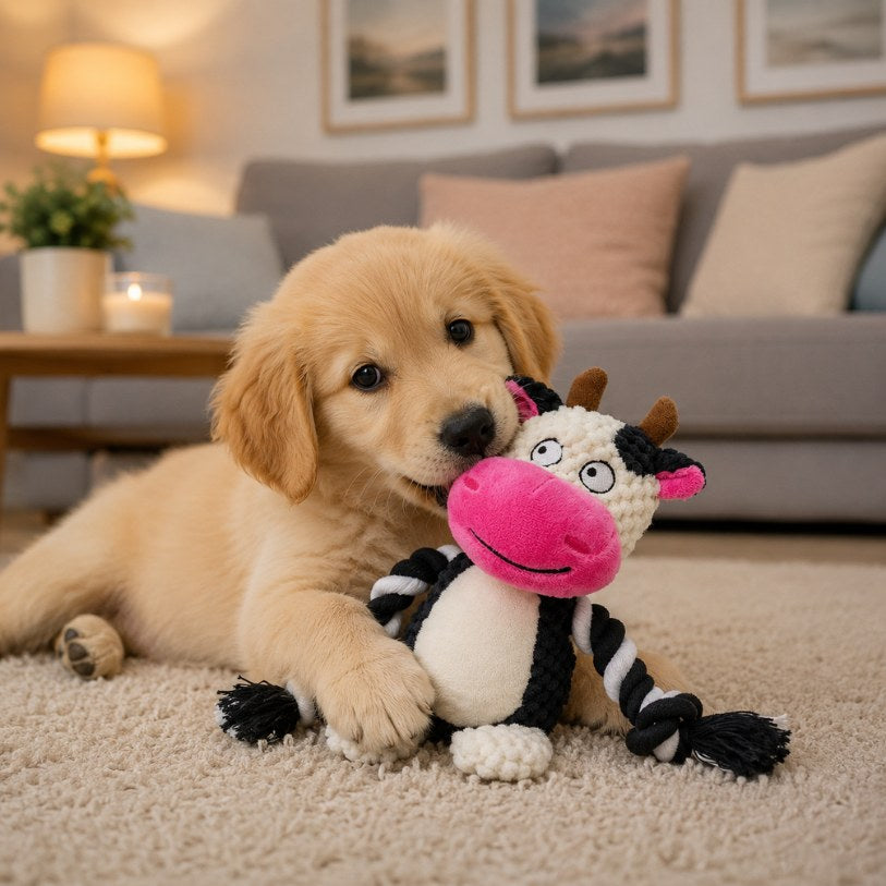 doudou pour chien vache souriante peluche réconfort chiot sommeil