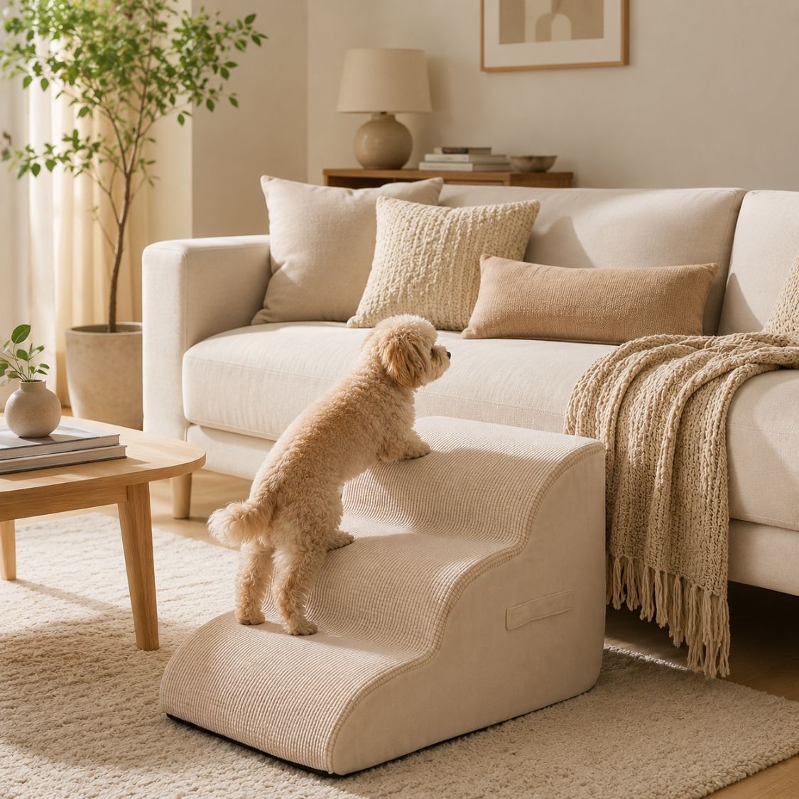 escalier pour chien beige canape chien montee