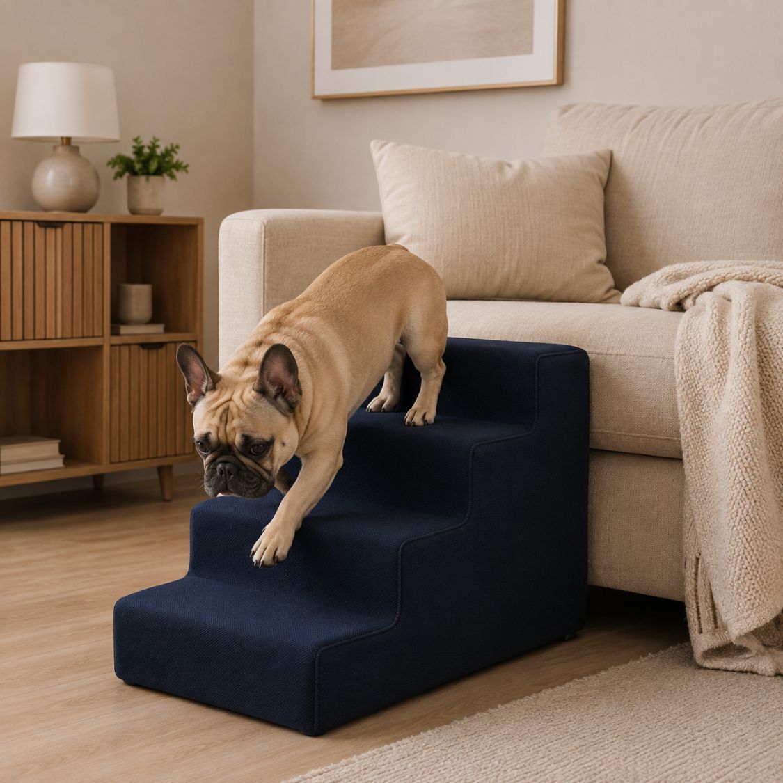 escalier pour chien bleu marine bouledogue francais descente