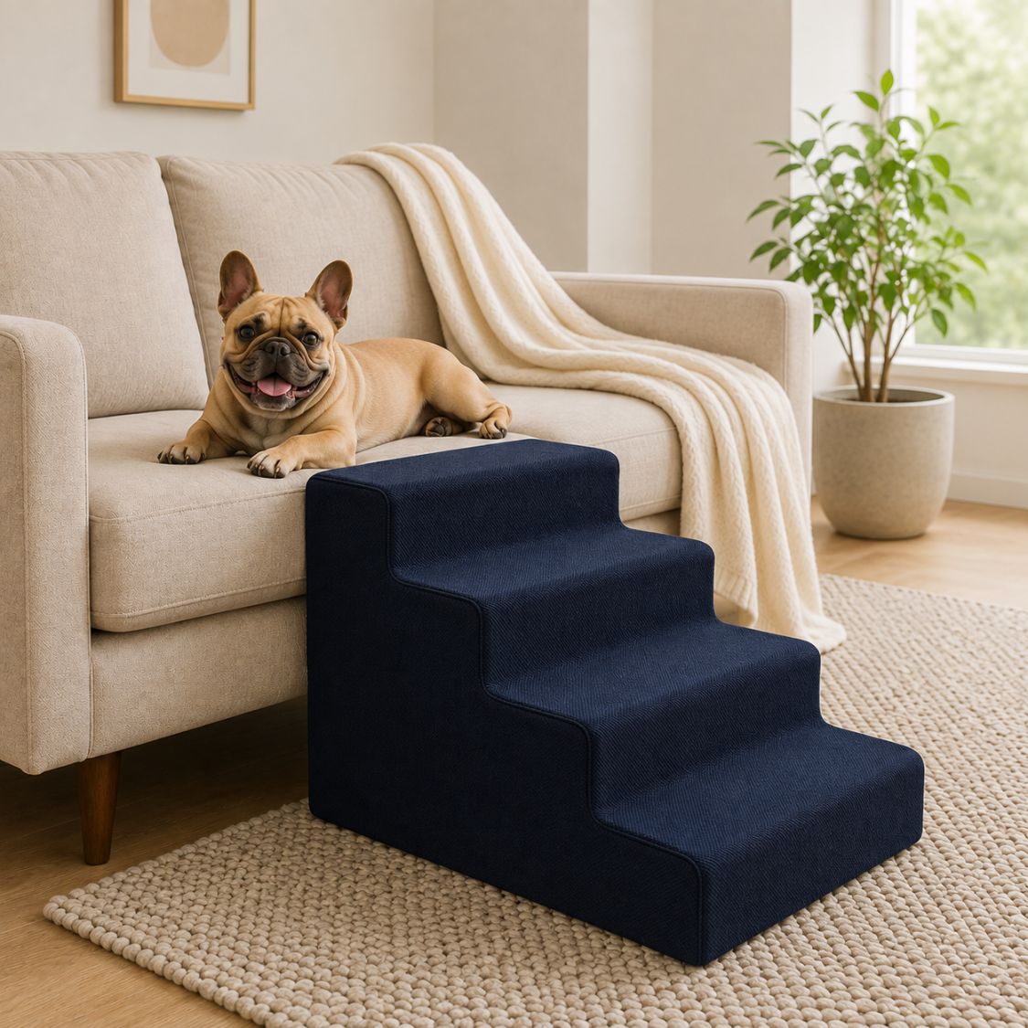escalier pour chien bleu marine quatre marches tissu antiderapant