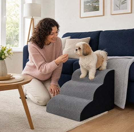 Escalier pour chien confortable en mousse à mémoire de forme avec petit chien sur les marches