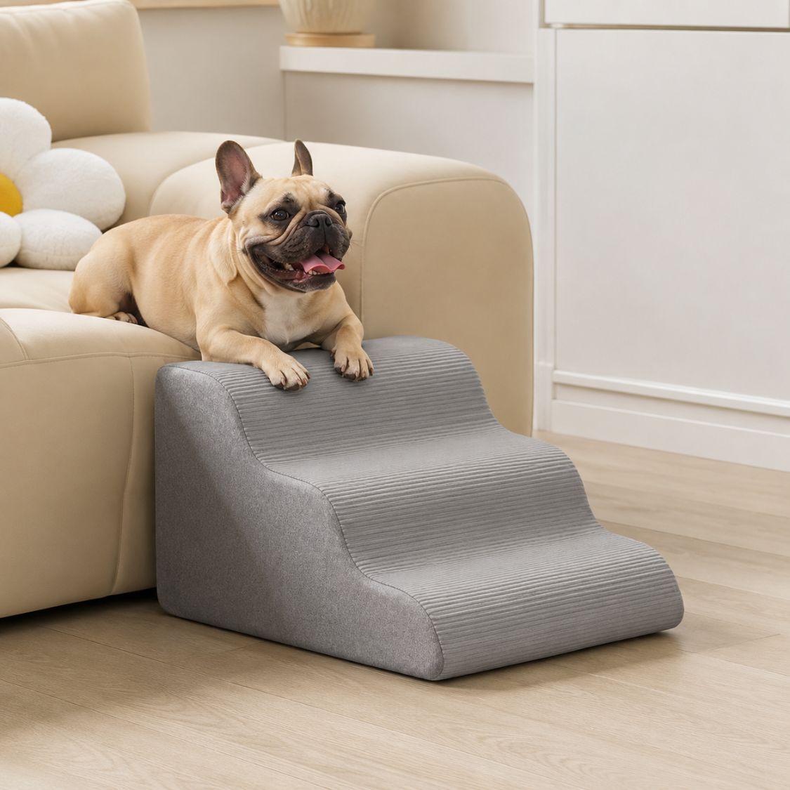 escalier pour chien descente progressive gris bouledogue lit