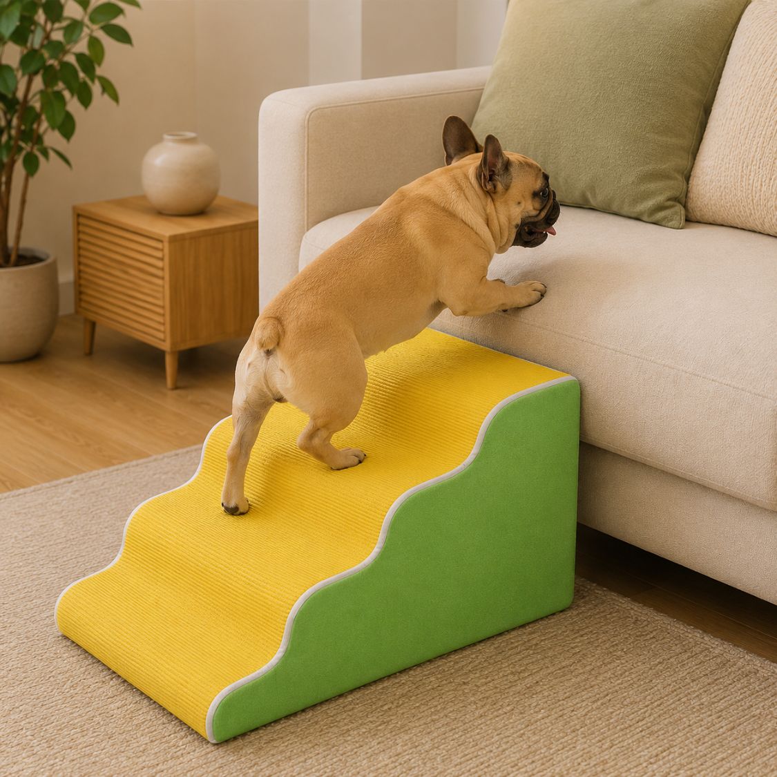 escalier pour chien design ondule jaune vert bouledogue allonge canape