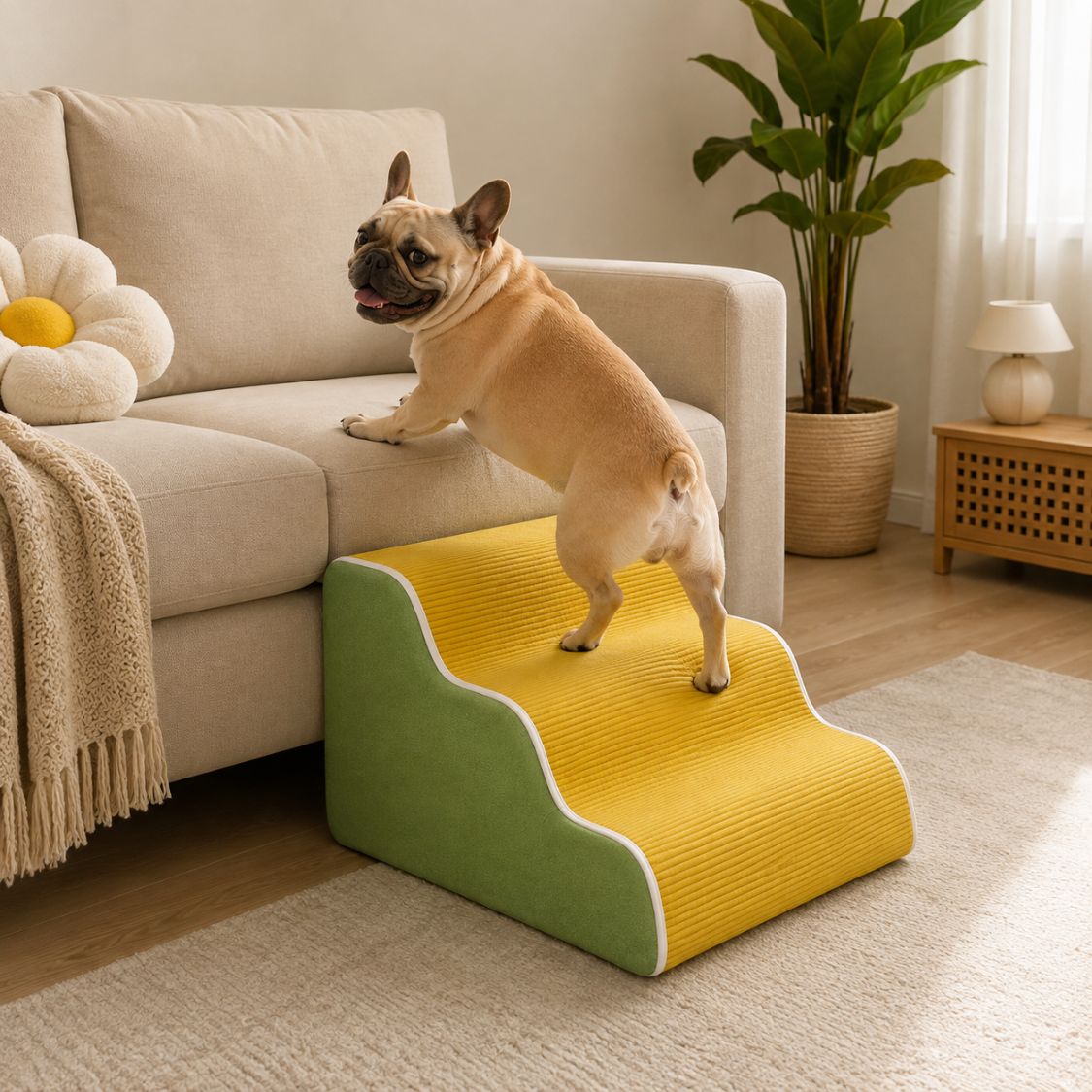 escalier pour chien design ondule jaune vert bouledogue utilisation