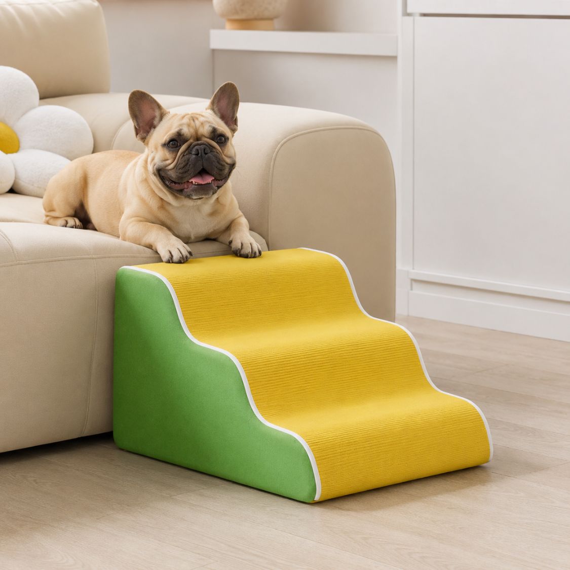 escalier pour chien design ondule jaune vert solide