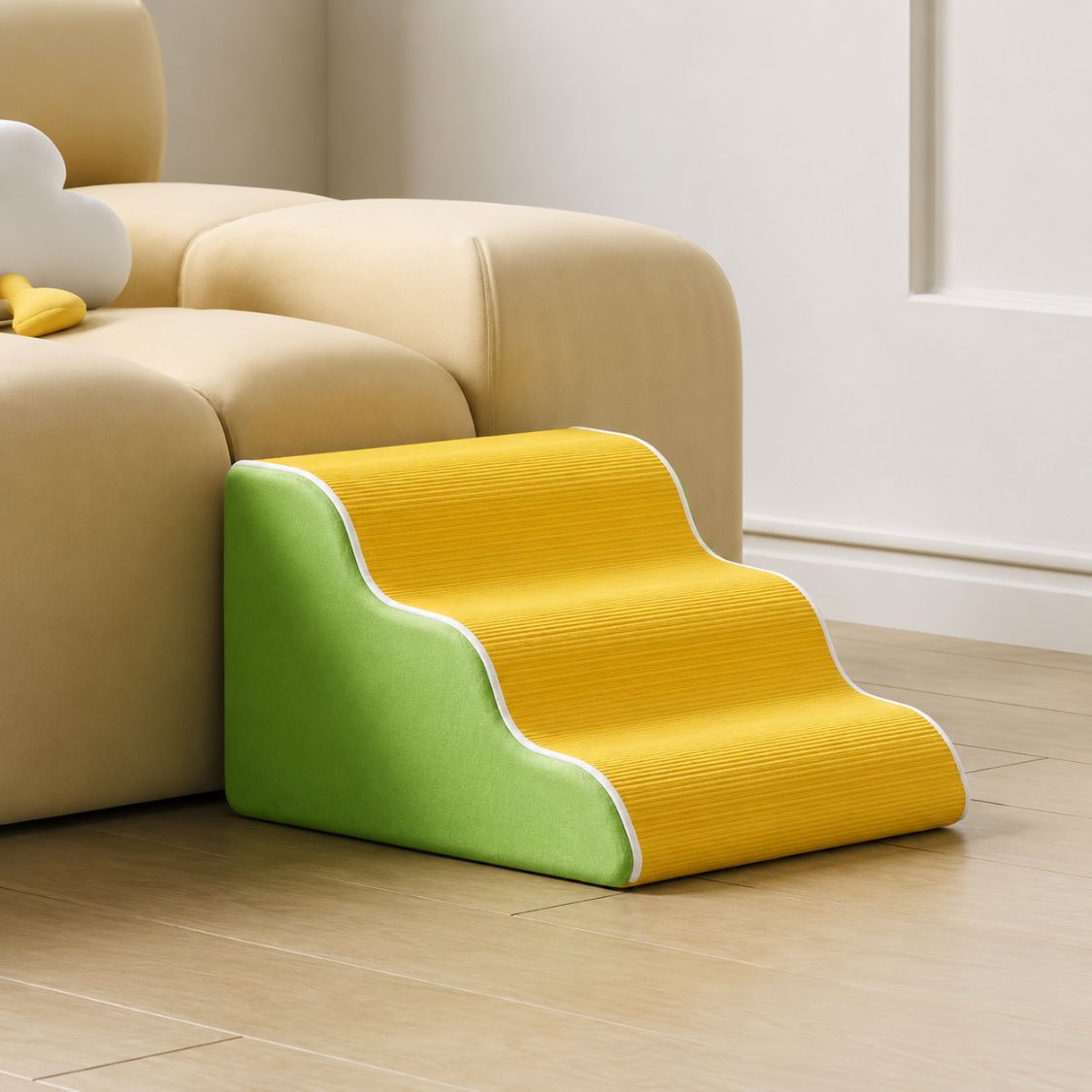escalier pour chien design ondule jaune vert trois marches