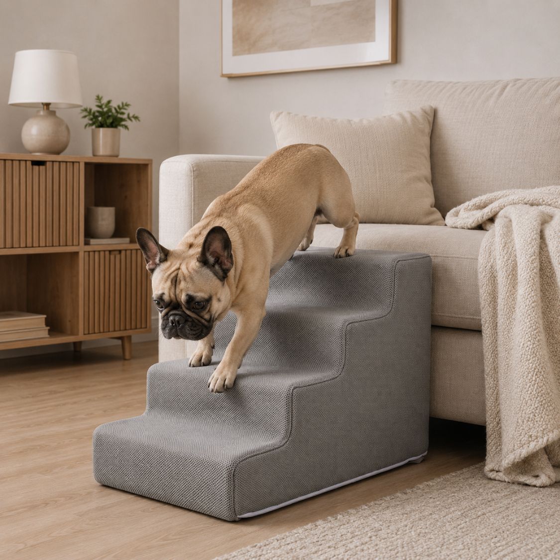 escalier pour chien gris bouledogue francais descente progressive