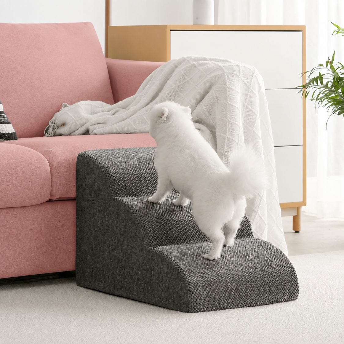 escalier pour chien gris chien acces canape rose doux