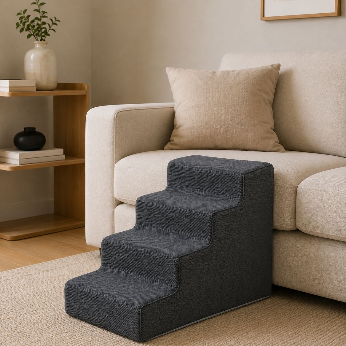 escalier pour chien gris fonce quatre marches salon beige