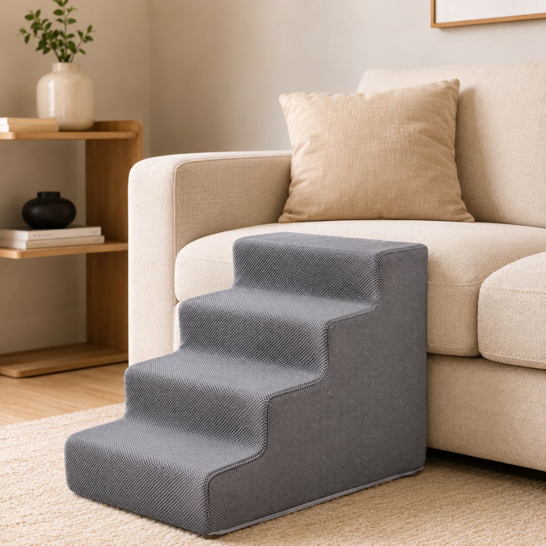 escalier pour chien gris quatre marches canape salon