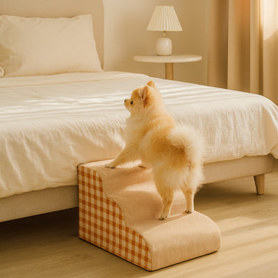 escalier pour chien lit carreaux orange beige mousse haute densité