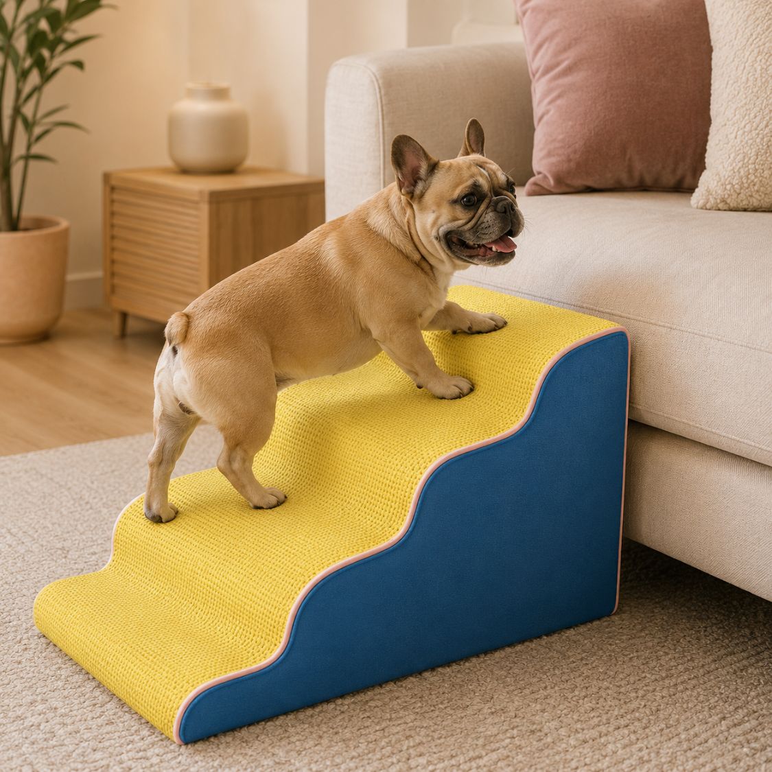 escalier pour chien mousse memoire jaune bleu canape