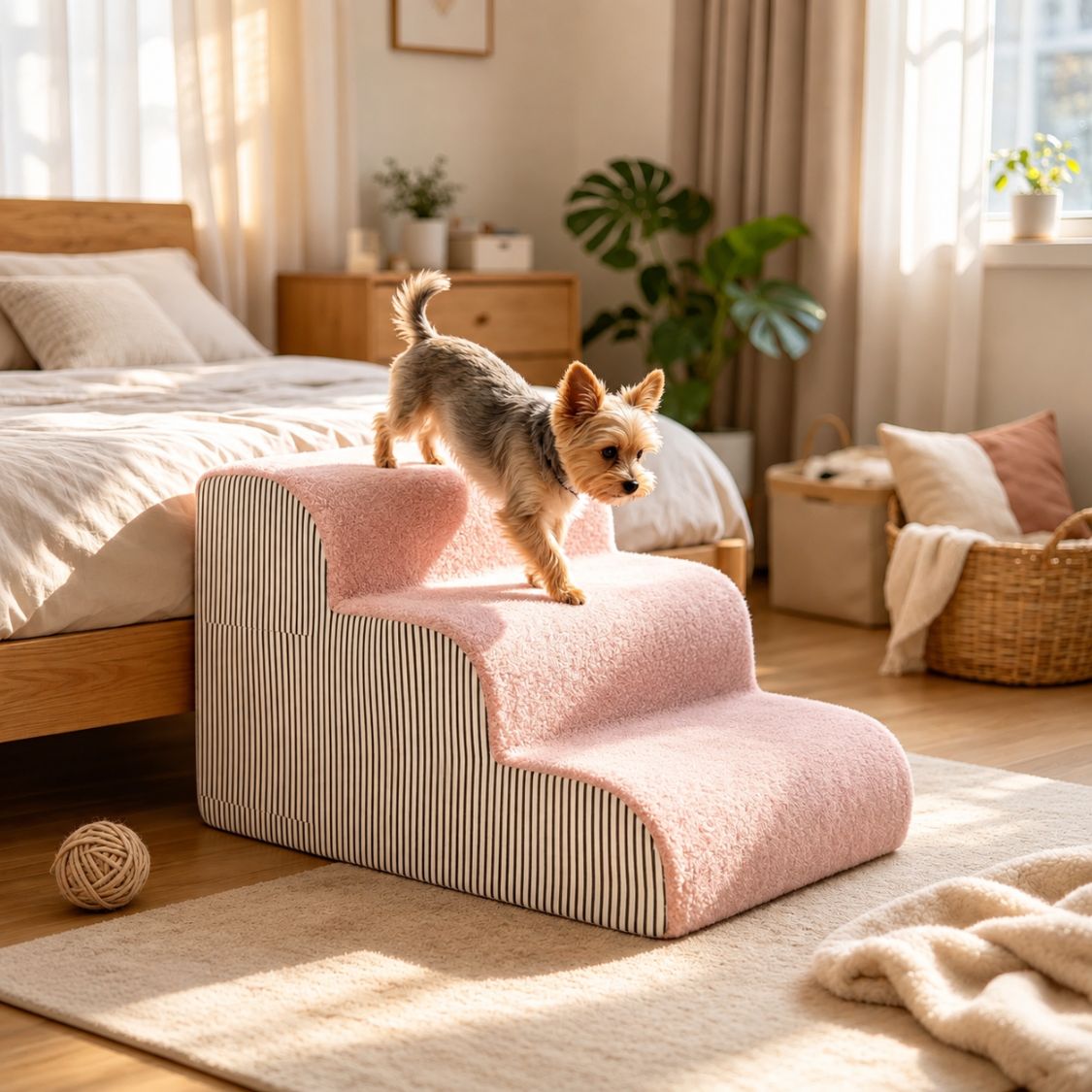escalier pour chien rose marches arrondies canape beige
